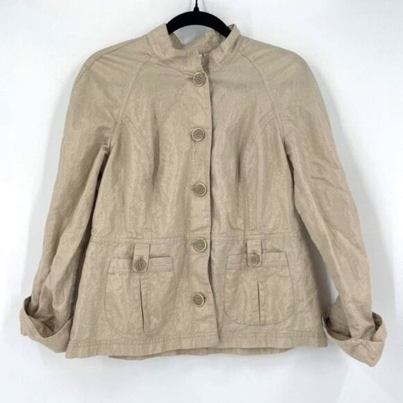 Chico's Women's Linen Cotton Blend Roll-Tab Blazer Jacket Gold Metallic Medium - Picture 1 of 8